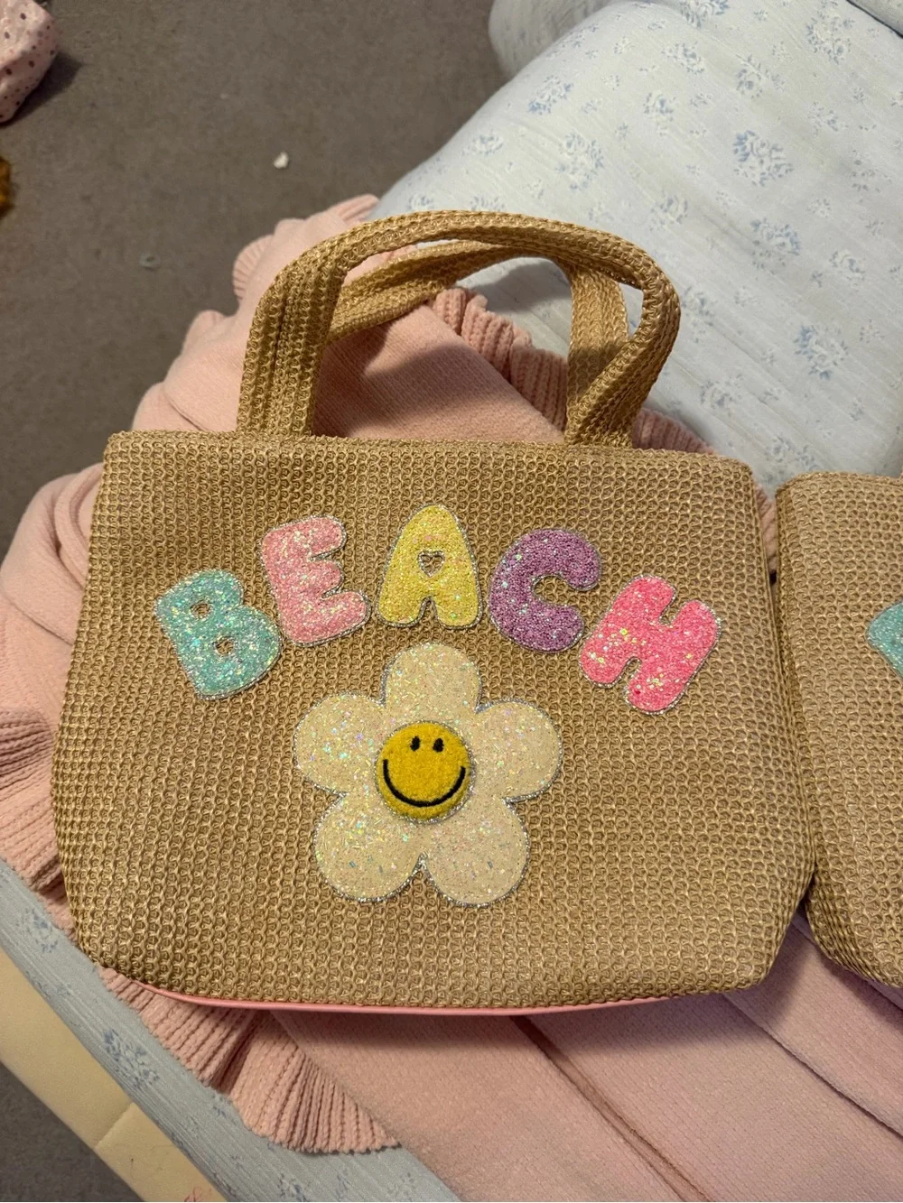 Beach Smiley Daisy Straw Tote Bag - Natural with Pastel Letters